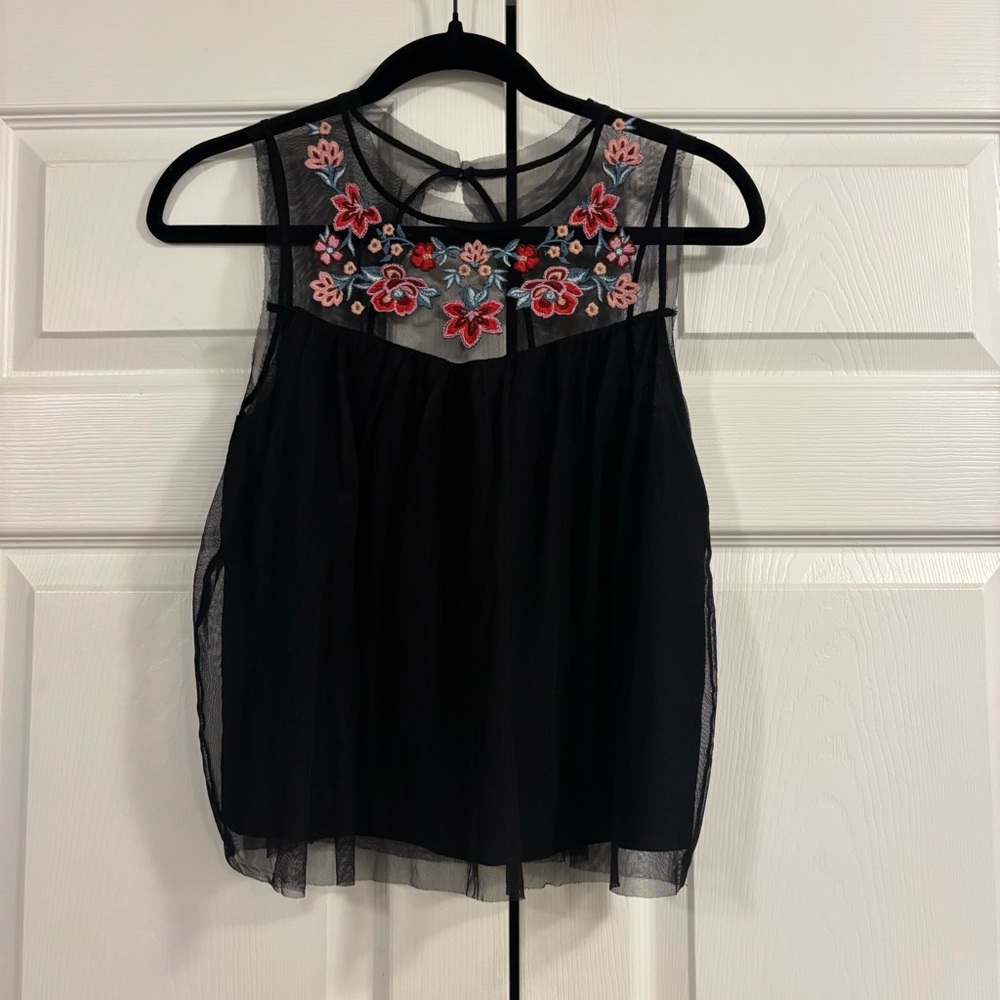 Whimsigoth Black Top with Floral Embroidery